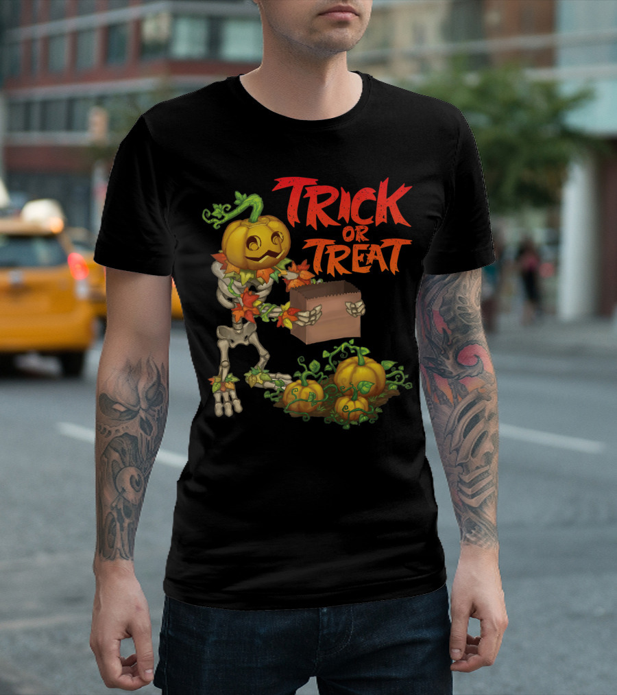 Trick Or Treat Punkleton Skeleton With Pumpkins And Candy Box T-Shirt