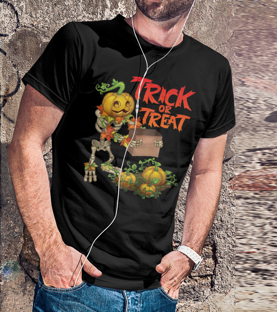 Trick Or Treat Punkleton Skeleton With Pumpkins And Candy Box T-Shirt