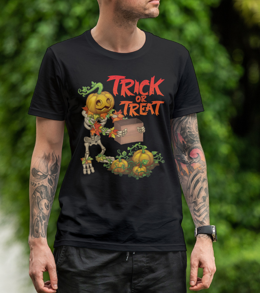 Trick Or Treat Punkleton Skeleton With Pumpkins And Candy Box T-Shirt