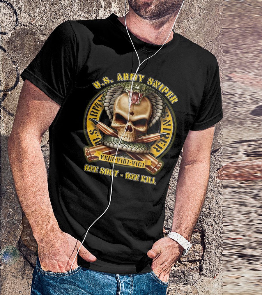 U.S. Army Sniper Veni Vidi Vici One Shot One Kill Skull Snake Badge T-Shirt