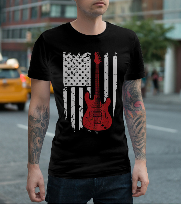 Usa American Flag Guitar Musician Guitars Red Electric Vintage Grunge T-Shirt