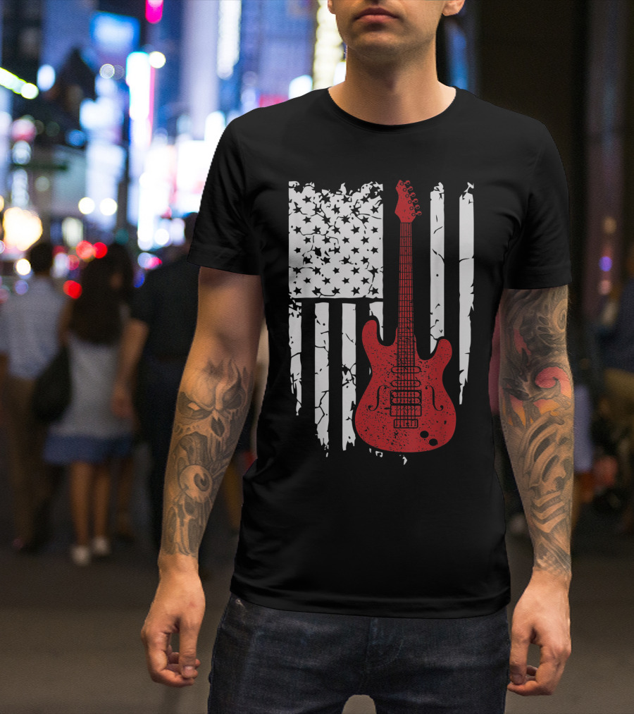Usa American Flag Guitar Musician Guitars Red Electric Vintage Grunge T-Shirt