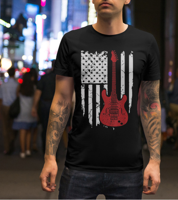 Usa American Flag Guitar Musician Guitars Red Electric Vintage Grunge T-Shirt