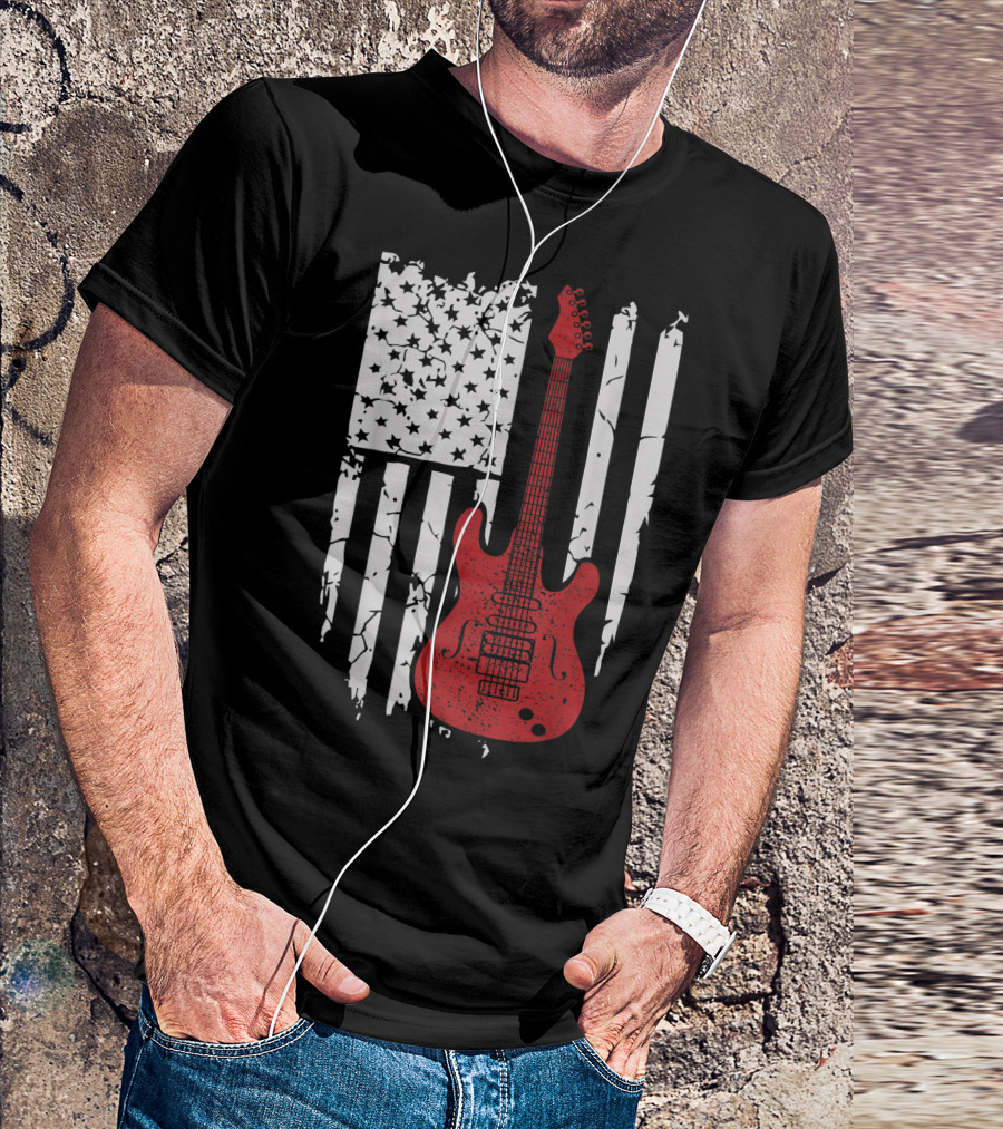 Usa American Flag Guitar Musician Guitars Red Electric Vintage Grunge T-Shirt