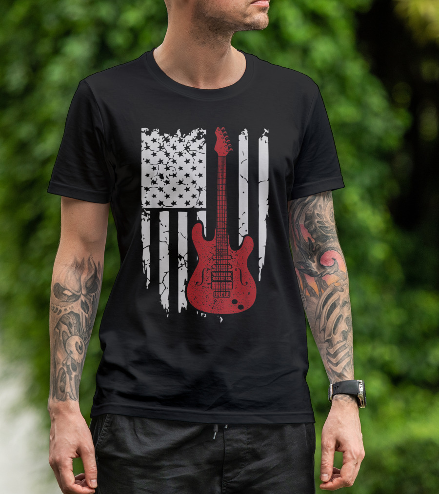 Usa American Flag Guitar Musician Guitars Red Electric Vintage Grunge T-Shirt