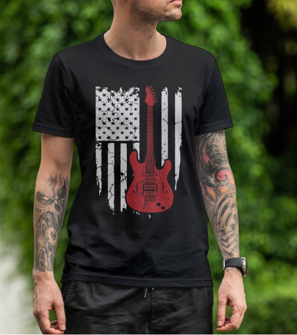 Usa American Flag Guitar Musician Guitars Red Electric Vintage Grunge T-Shirt