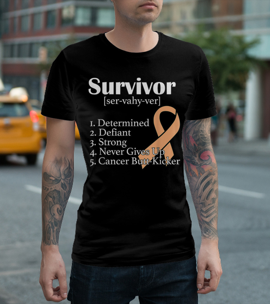 Survivor Definition Determined Defiant Strong Never Gives Up Cancer Butt-Kicker Peach T-Shirt