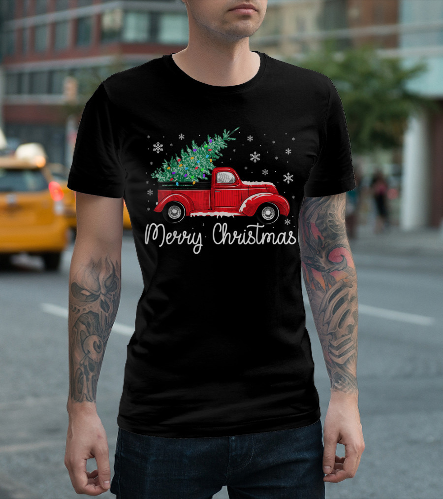 Vintage Red Truck with Christmas Tree and Merry Christmas Snowflakes T-Shirt