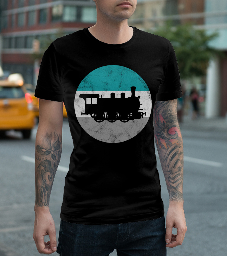 Vintage Steam Train Silhouette in Retro Circle T-Shirt
