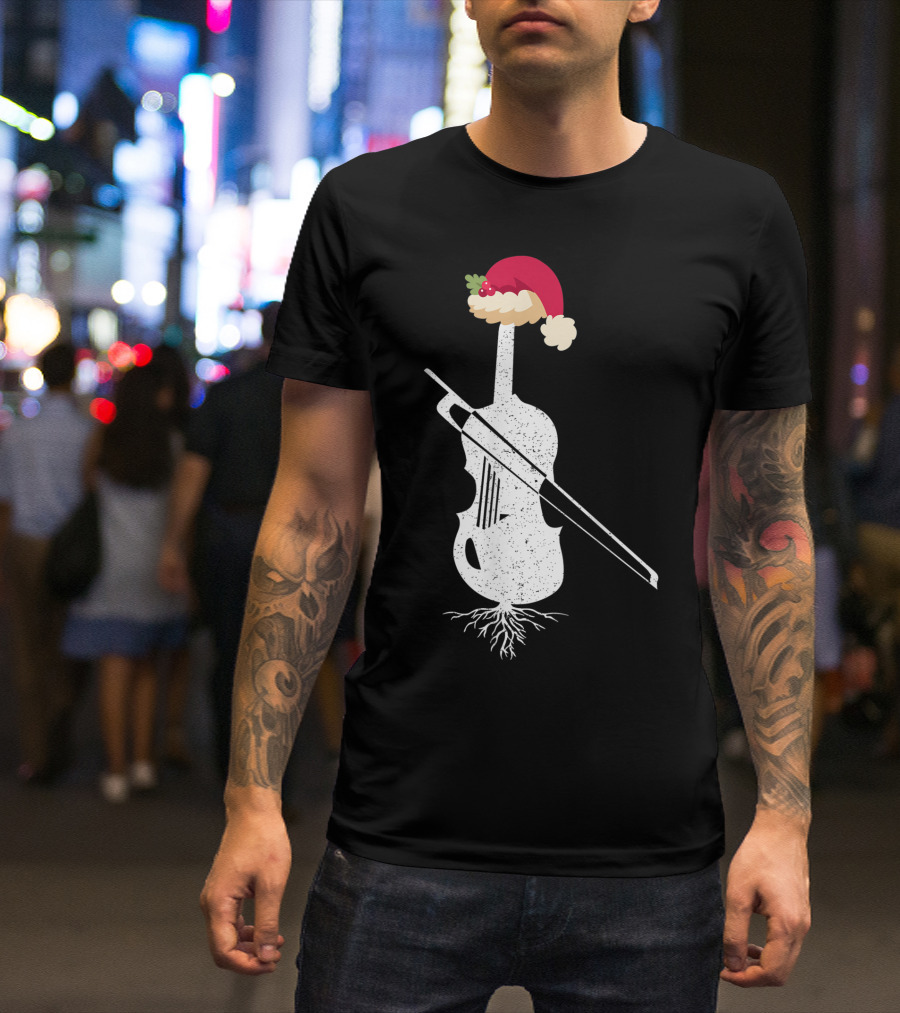 Violin Santa Hat Christmas Tree Vintage Style Holiday Decor T-Shirt
