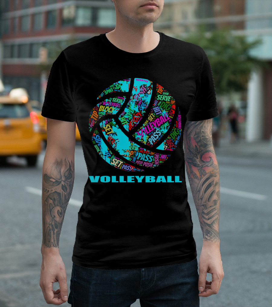 Volleyball Block Serve Dig Set Pass Spike Victory Words Colorful Ball T-Shirt