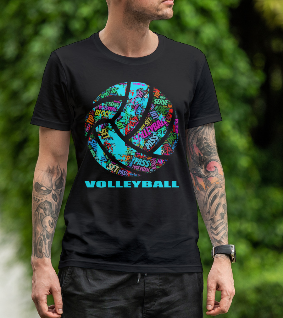 Volleyball Block Serve Dig Set Pass Spike Victory Words Colorful Ball T-Shirt