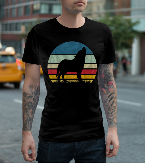 Retro Wolf Silhouette Vintage Sunset Stripes T-Shirt