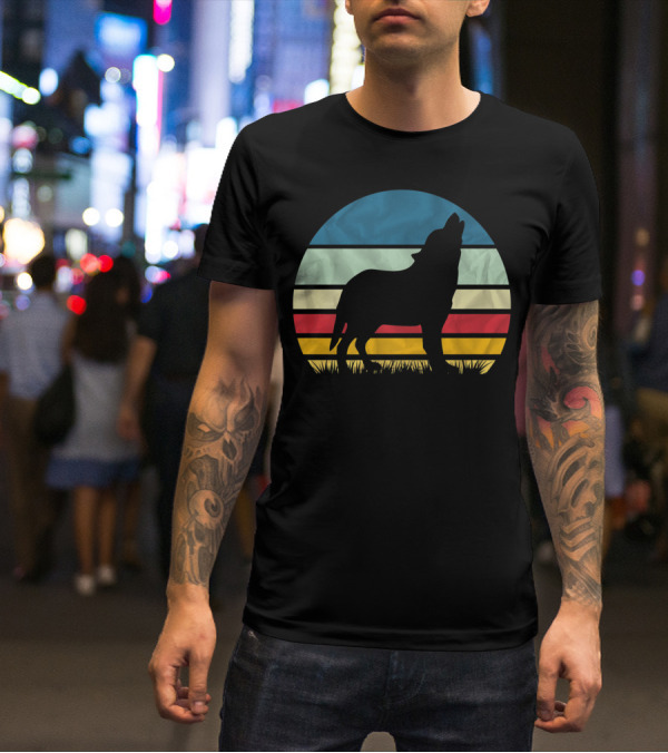 Retro Wolf Silhouette Vintage Sunset Stripes T-Shirt