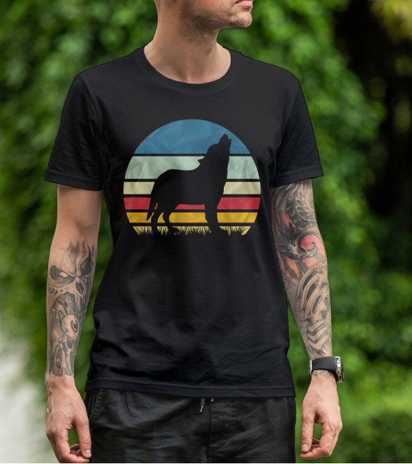 Retro Wolf Silhouette Vintage Sunset Stripes T-Shirt