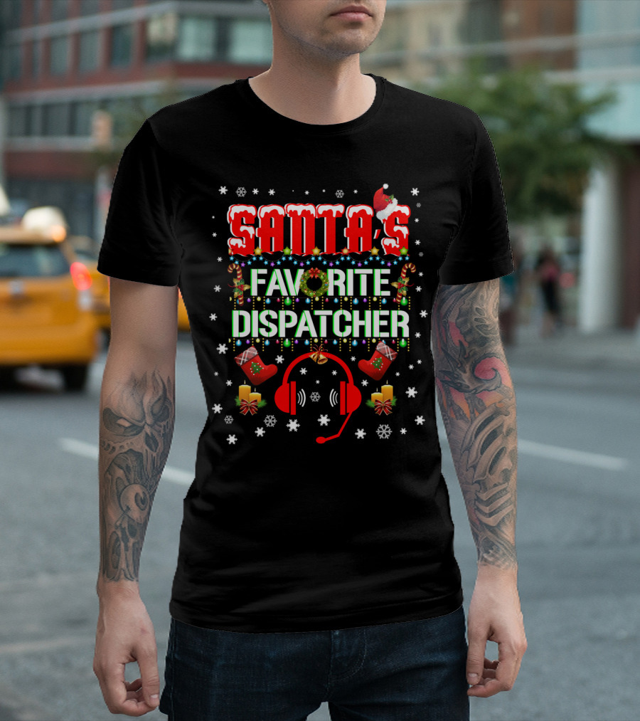 Santa's Favorite Dispatcher Headset Christmas Snowflakes Candles Stockings T-Shirt
