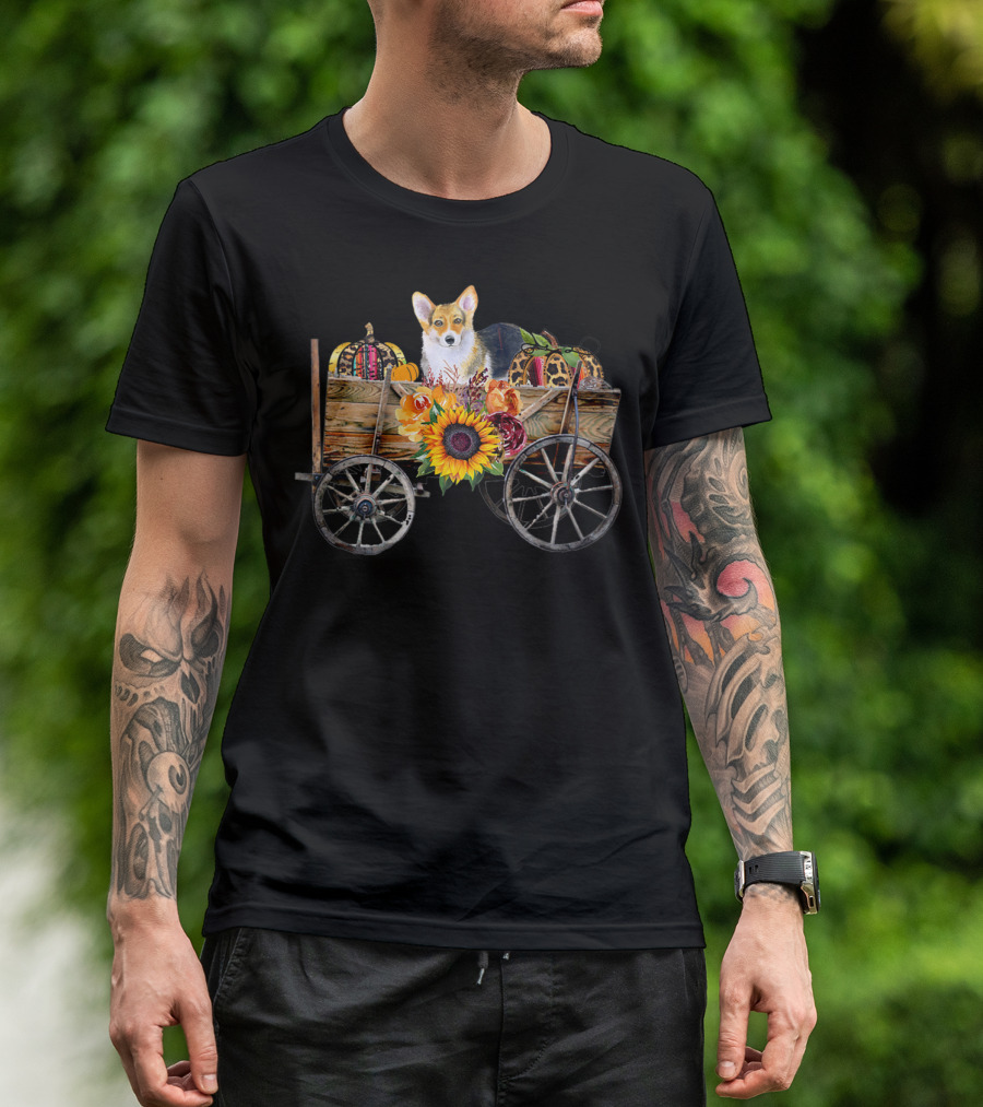 Corgi Clothing Autumn Harvest Corgi Dog In Country Wagon T-Shirt
