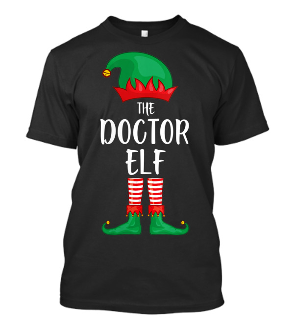 The Doctor Elf Christmas Party Jester Hat And Striped Tights T-Shirt