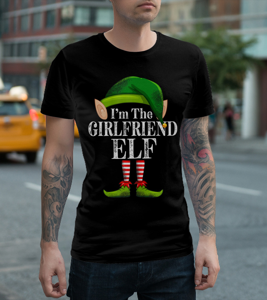 I'm The Girlfriend Elf Green Hat and Striped Stockings T-Shirt
