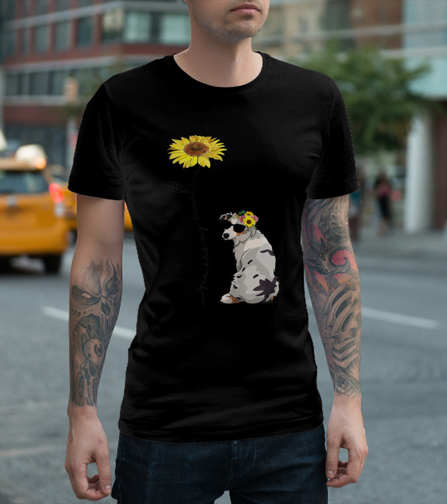 You Are My Sunshine Australian Shepherd Sunflower Sunglasses And Flower Crown T-Shirt
