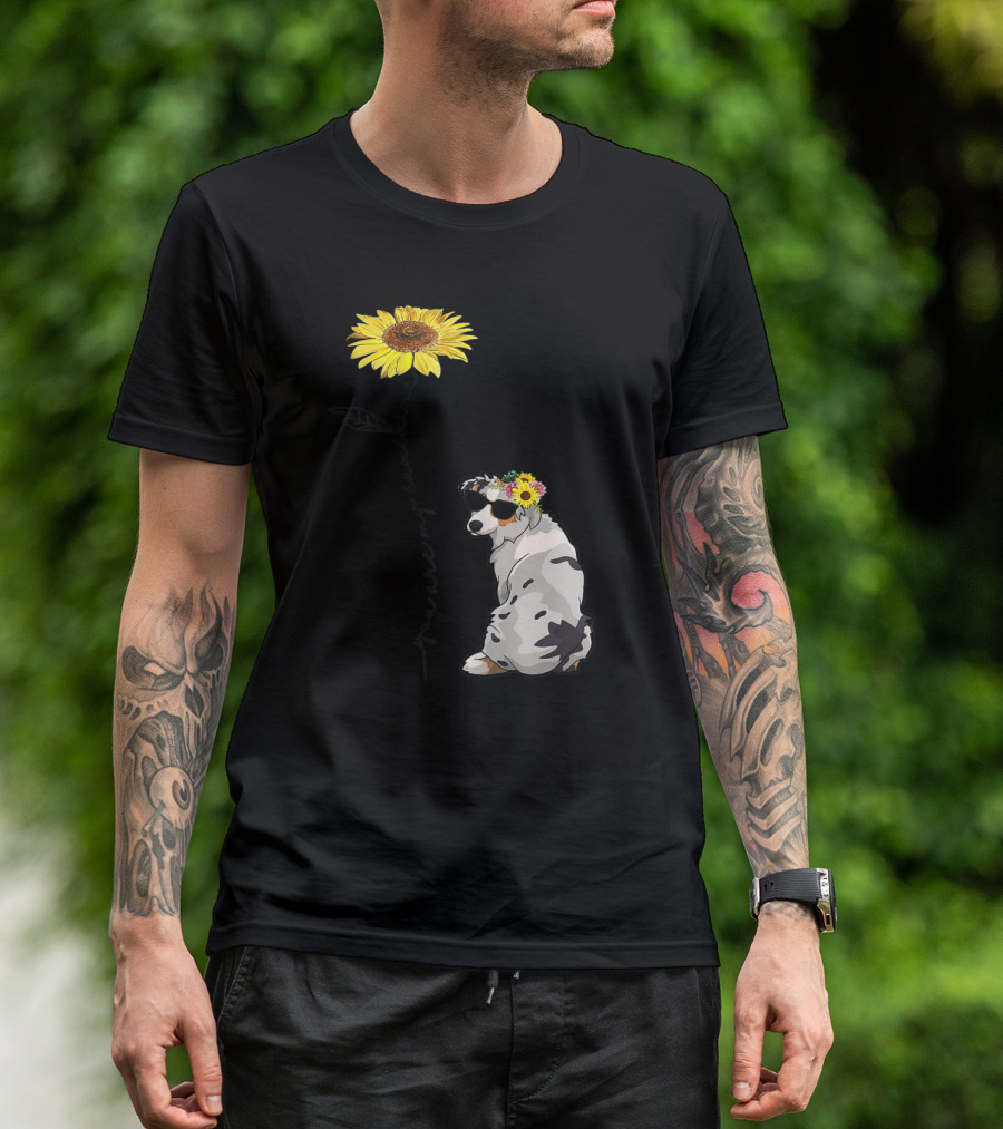 You Are My Sunshine Australian Shepherd Sunflower Sunglasses And Flower Crown T-Shirt