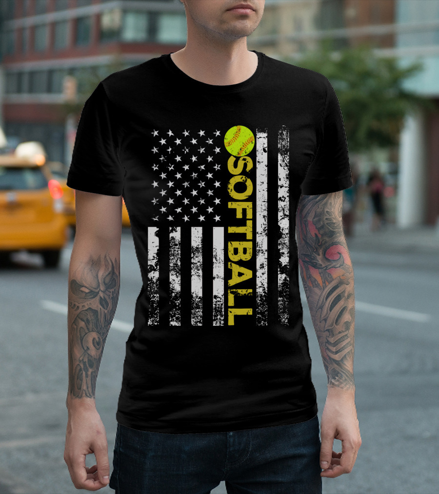 American Flag Softball Vertical Text with Yellow Softball T-Shirt