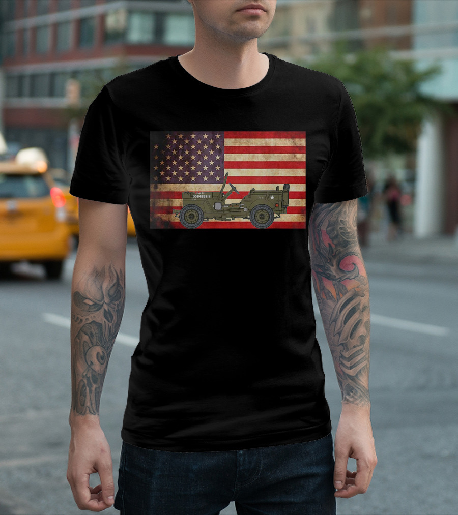 American USA Flag Willys Jeep WW2 Military Army Vehicle Stars and Stripes Vintage Retro Iconic T-Shirt