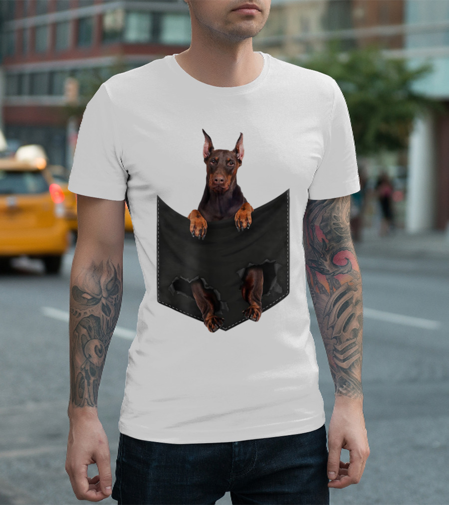 Doberman Pinscher Peeking from Ripped Pocket T-Shirt