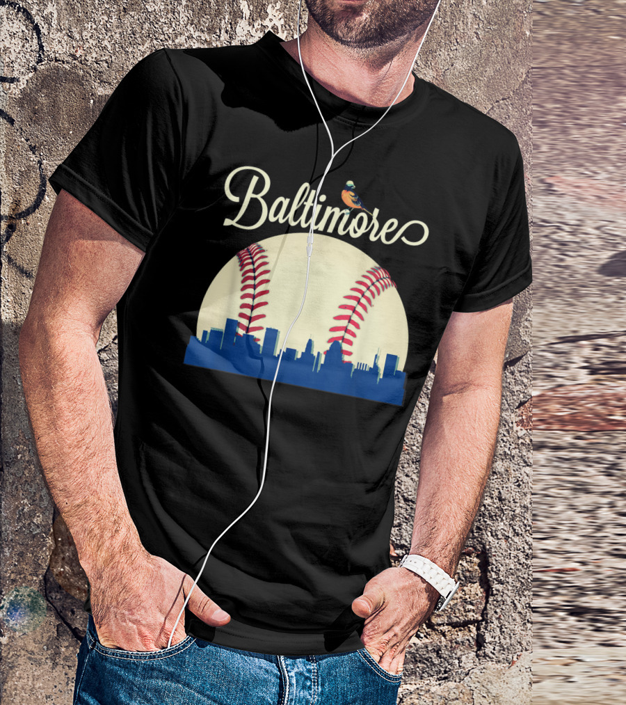 Baltimore Skyline With Baseball And Oriole Bird T-Shirt