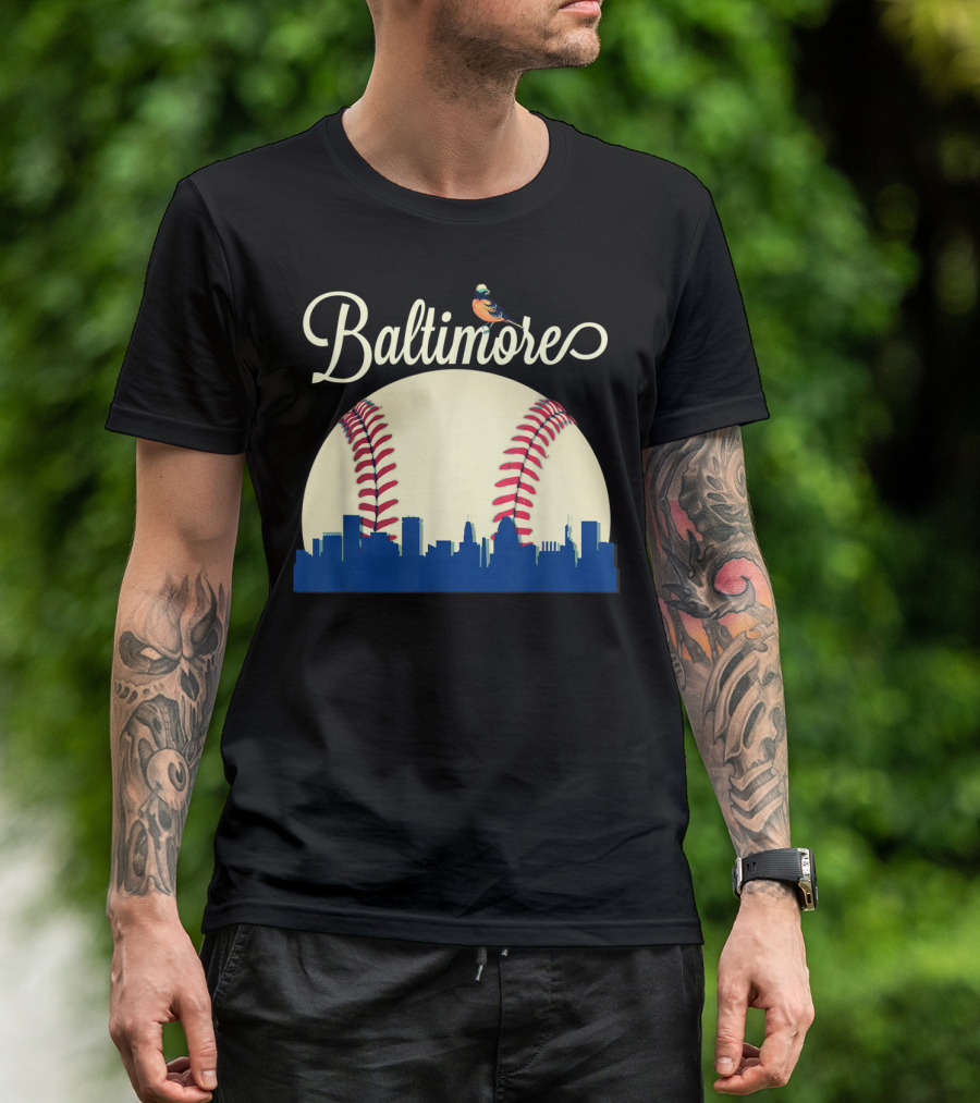 Baltimore Skyline With Baseball And Oriole Bird T-Shirt
