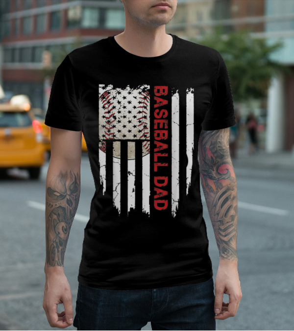 Baseball Dad American Flag Patriotic Stars Stripes Sports Enthusiast T-Shirt