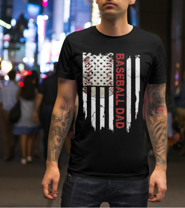 Baseball Dad American Flag Patriotic Stars Stripes Sports Enthusiast T-Shirt