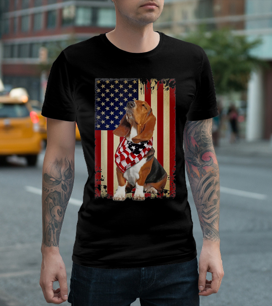 Basset Hound With American Flag Scarf Against USA Flag Background T-Shirt