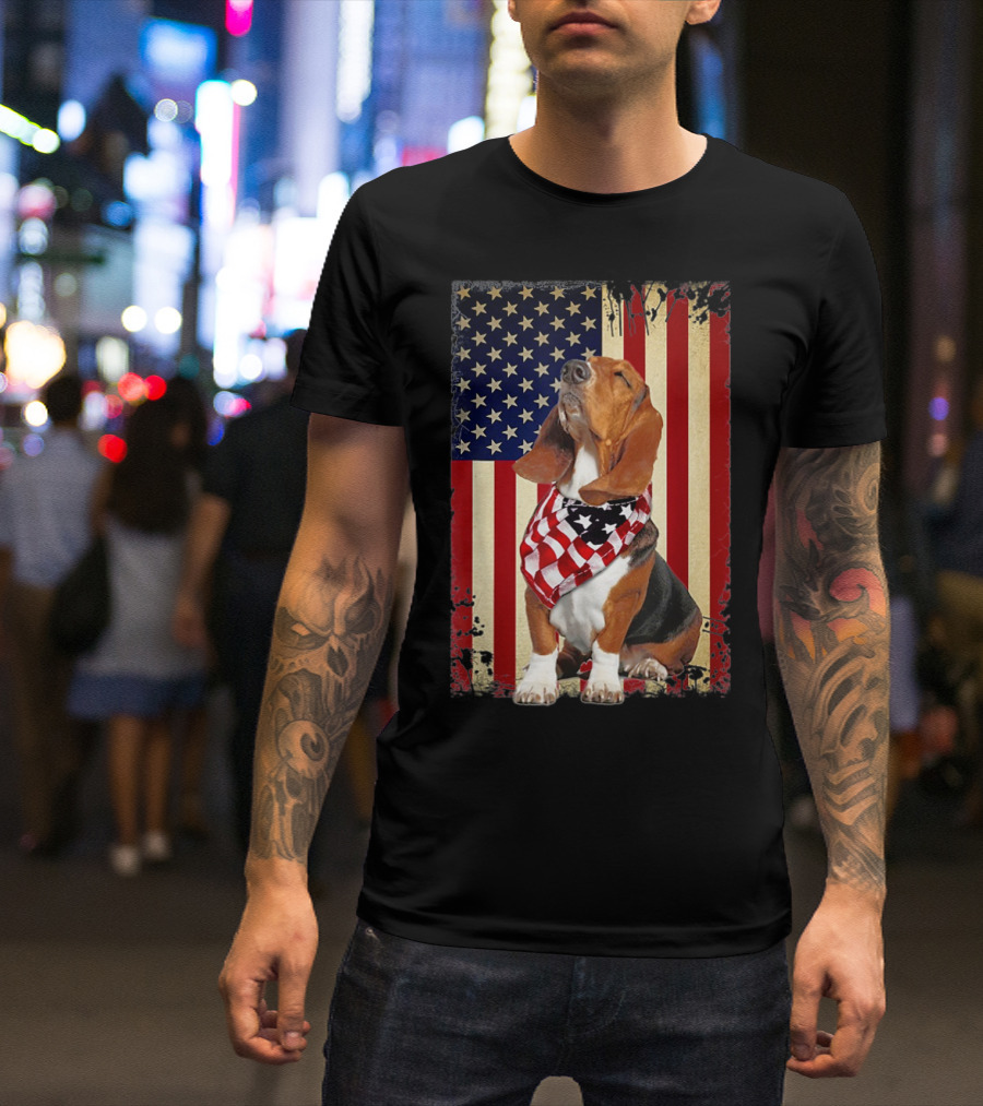 Basset Hound With American Flag Scarf Against USA Flag Background T-Shirt