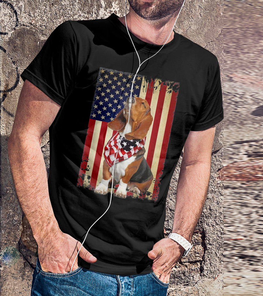 Basset Hound With American Flag Scarf Against USA Flag Background T-Shirt