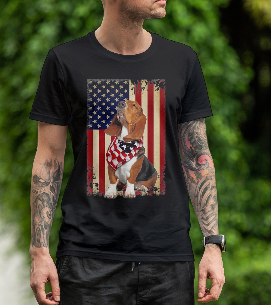 Basset Hound With American Flag Scarf Against USA Flag Background T-Shirt