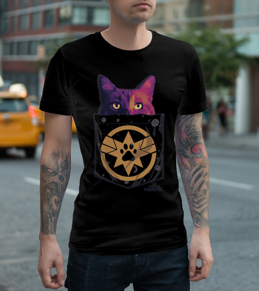 Captain Marvel Goose Paw Print Cosmic Pocket Cat T-Shirt
