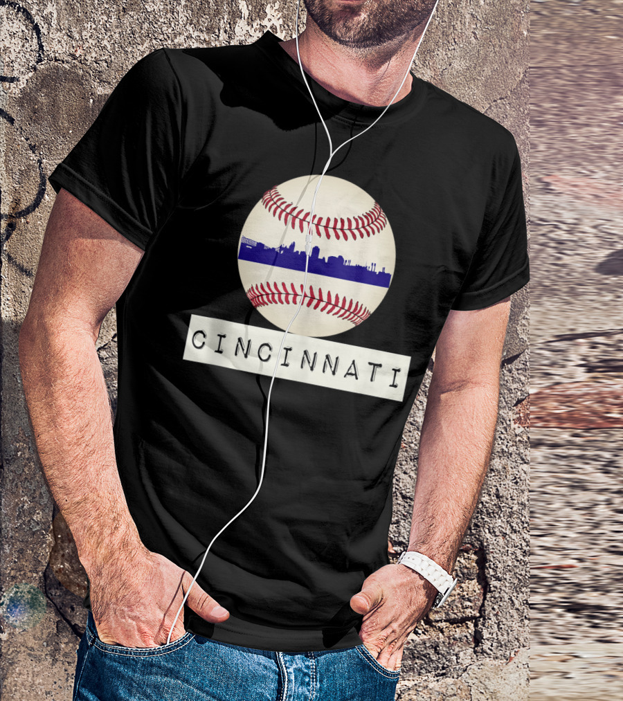 Cincinnati Skyline On Baseball With Red Stitches T-Shirt