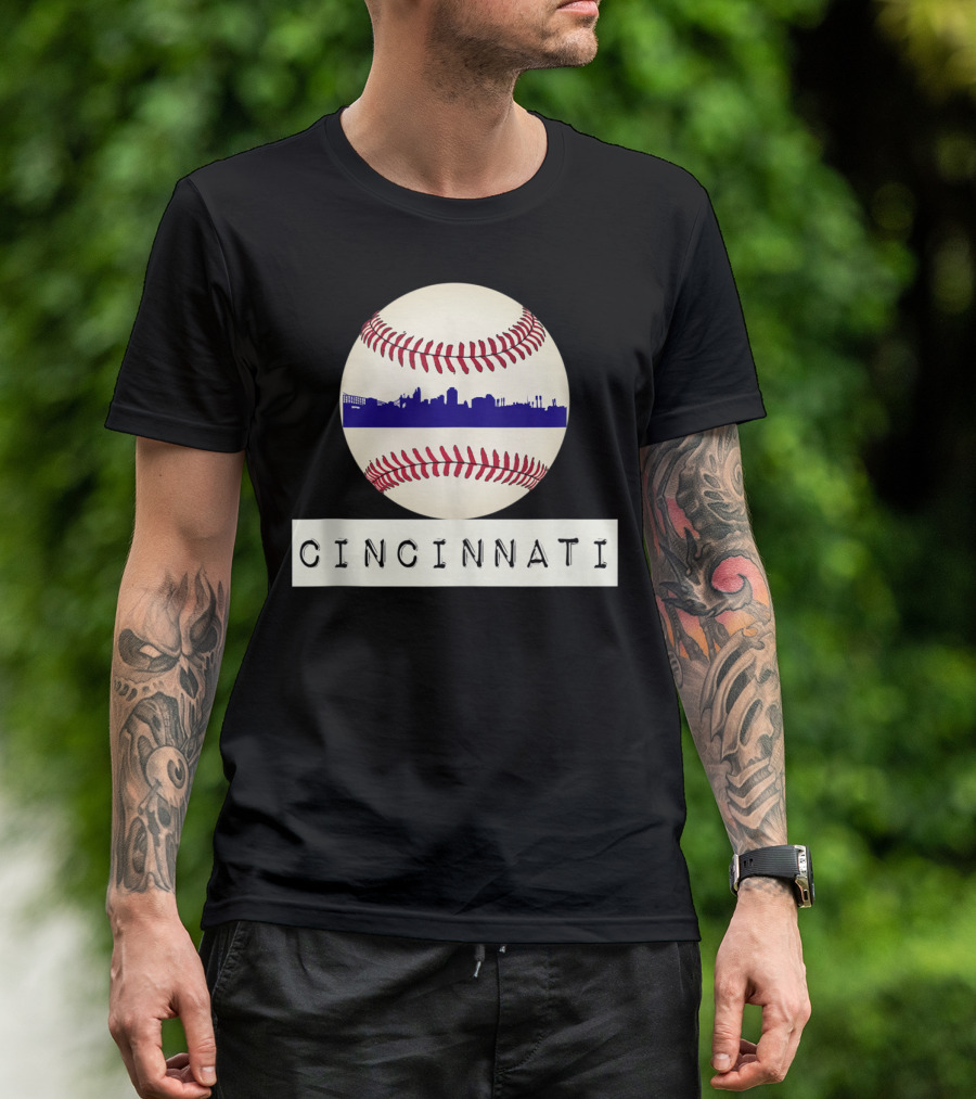 Cincinnati Skyline On Baseball With Red Stitches T-Shirt