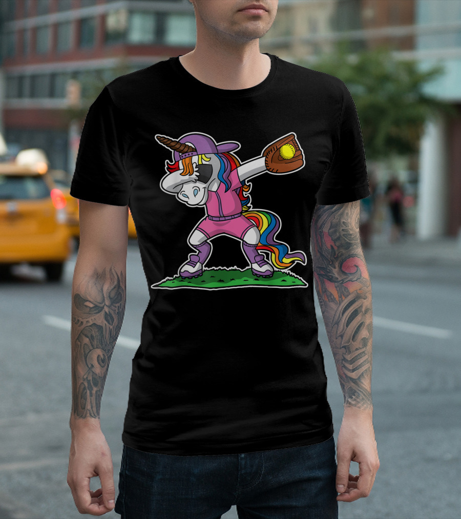 Dabbing Unicorn In Pink Softball Outfit With Glove And Ball T-Shirt