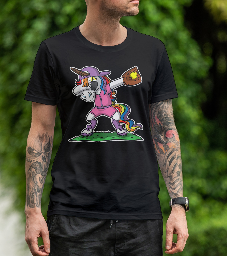 Dabbing Unicorn In Pink Softball Outfit With Glove And Ball T-Shirt