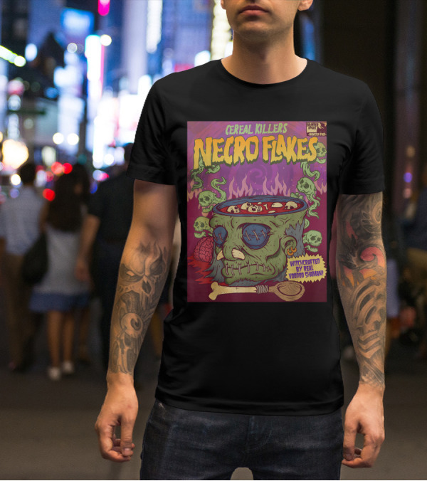 Cereal Killers Necro Flakes Witchcrafted By Real Voodoo Shaman Monster Food Horror Fans Nerds T-Shirt