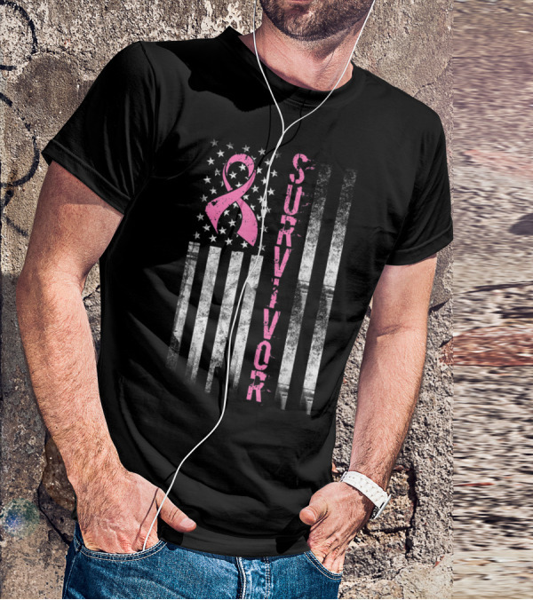 Survivor Pink Ribbon American Flag Breast Cancer Awareness T-Shirt