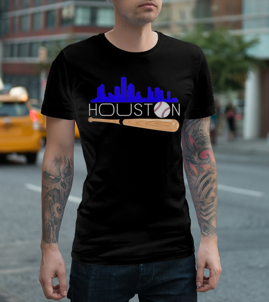 Houston Baseball Astro Font Skyline with Bat and Ball T-Shirt