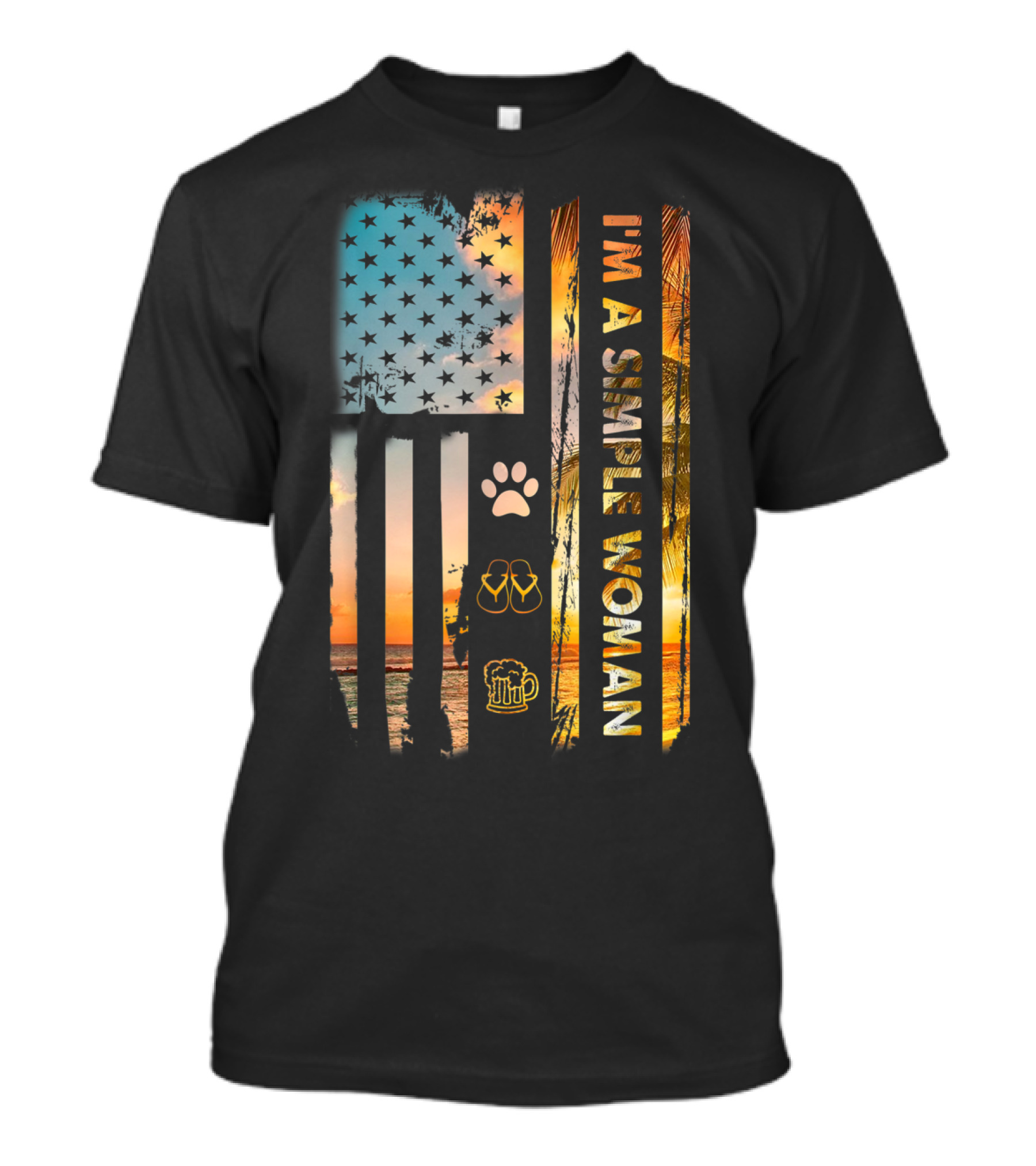 I'm A Simple Woman American Flag Dog Paw Flip Flops Beer Beach Sunset T-Shirt