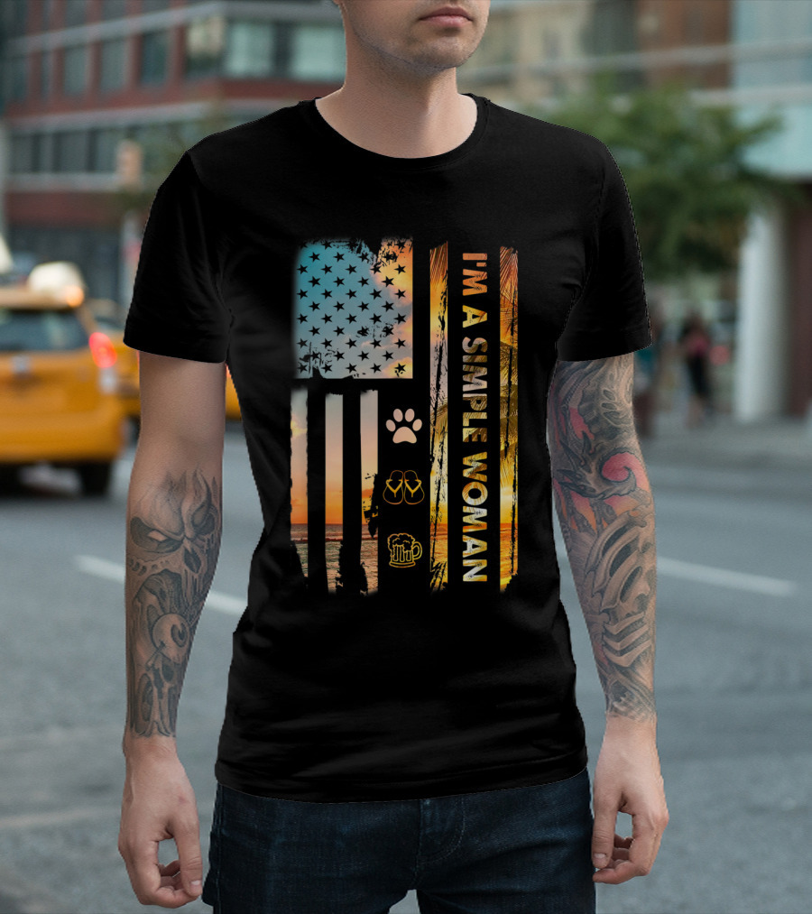 I'm A Simple Woman American Flag Dog Paw Flip Flops Beer Beach Sunset T-Shirt