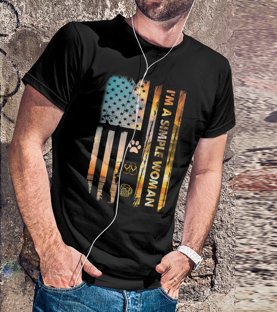 I'm A Simple Woman American Flag Dog Paw Flip Flops Beer Beach Sunset T-Shirt