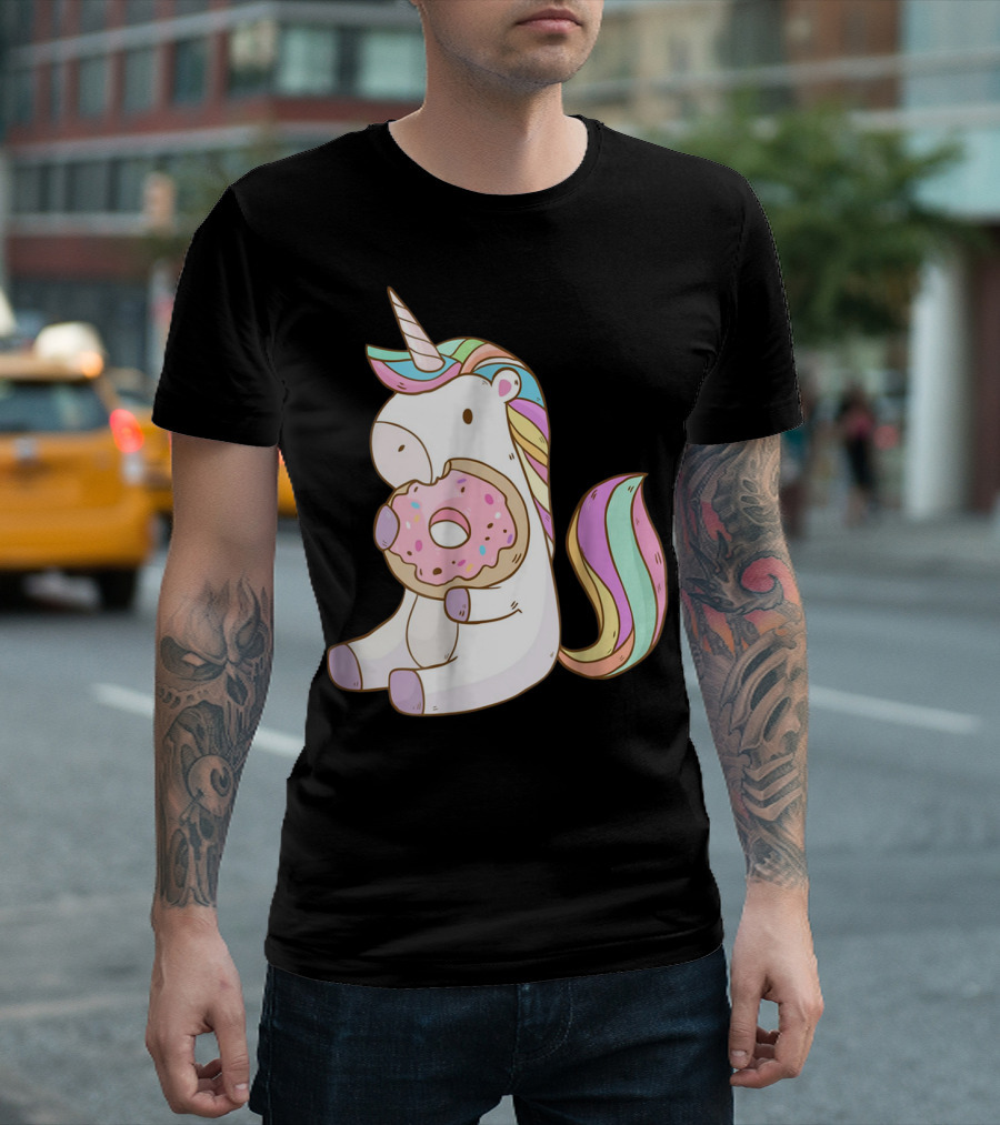 Cute Hungry Unicorn Enjoying A Delicious Donut With Sprinkles T-Shirt