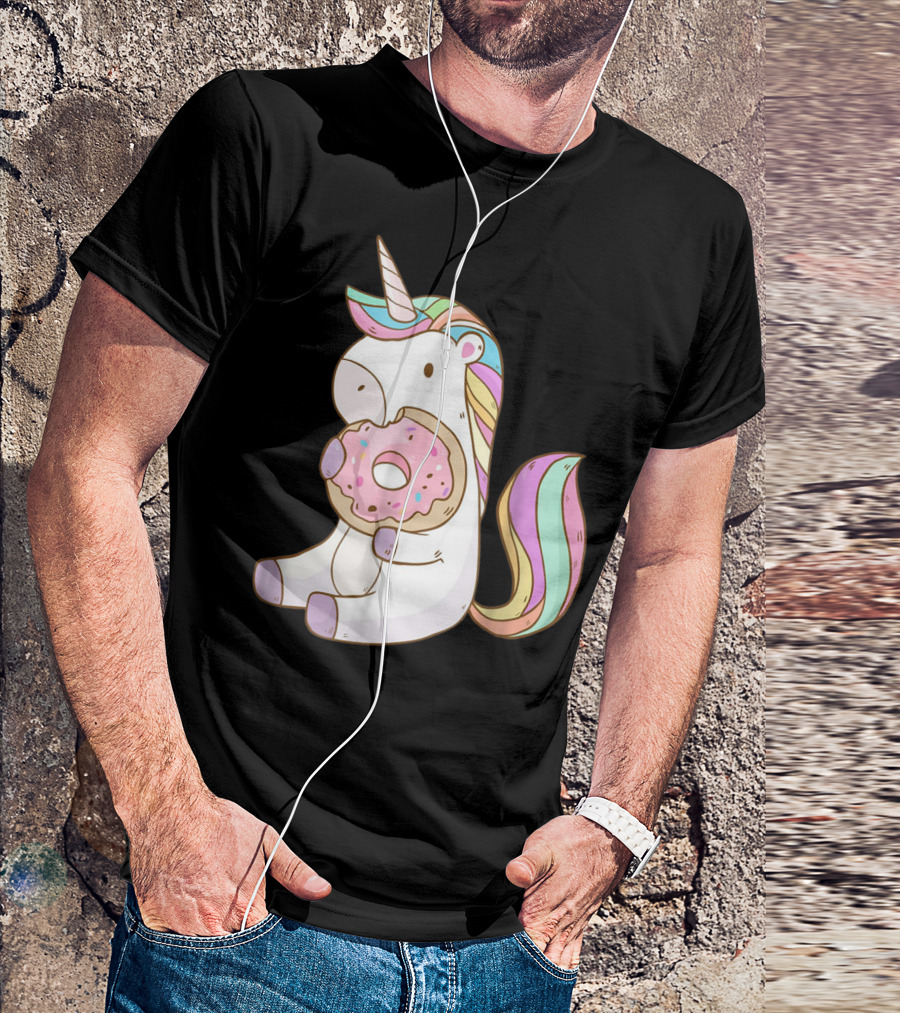 Cute Hungry Unicorn Enjoying A Delicious Donut With Sprinkles T-Shirt