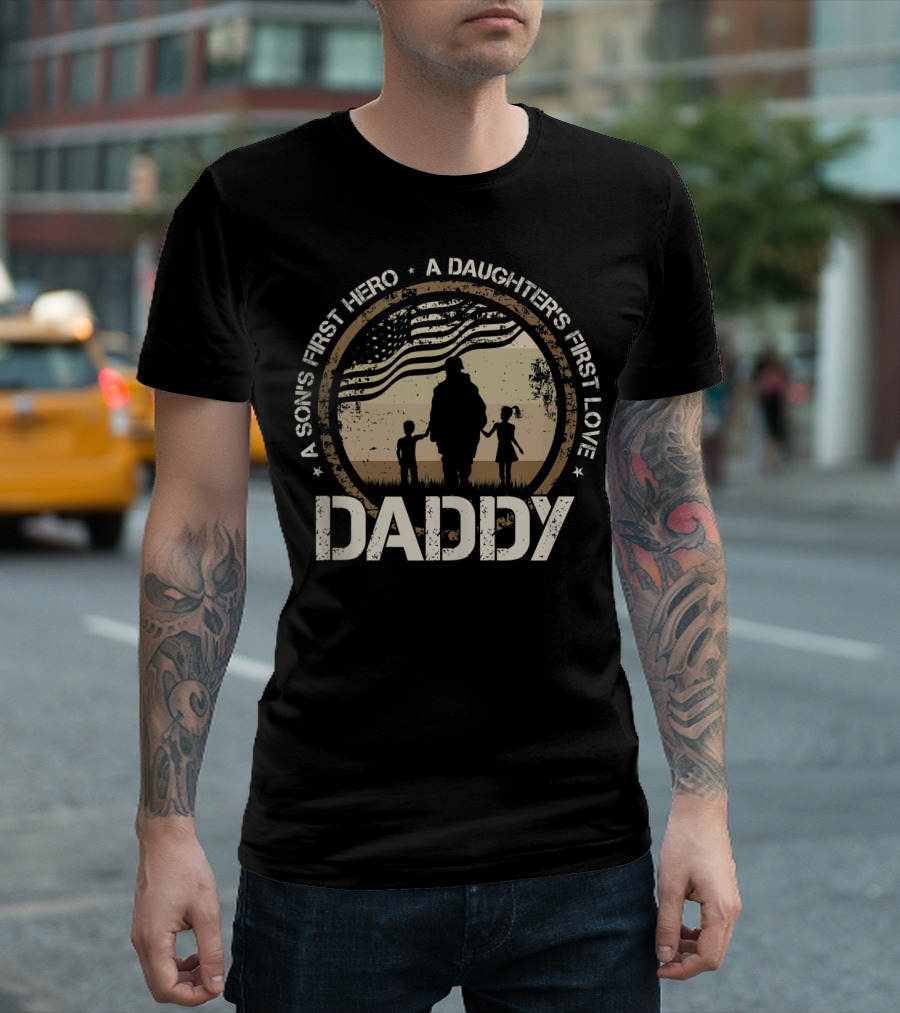 Daddy A Son's First Hero A Daughter's First Love Silhouette with American Flag T-Shirt